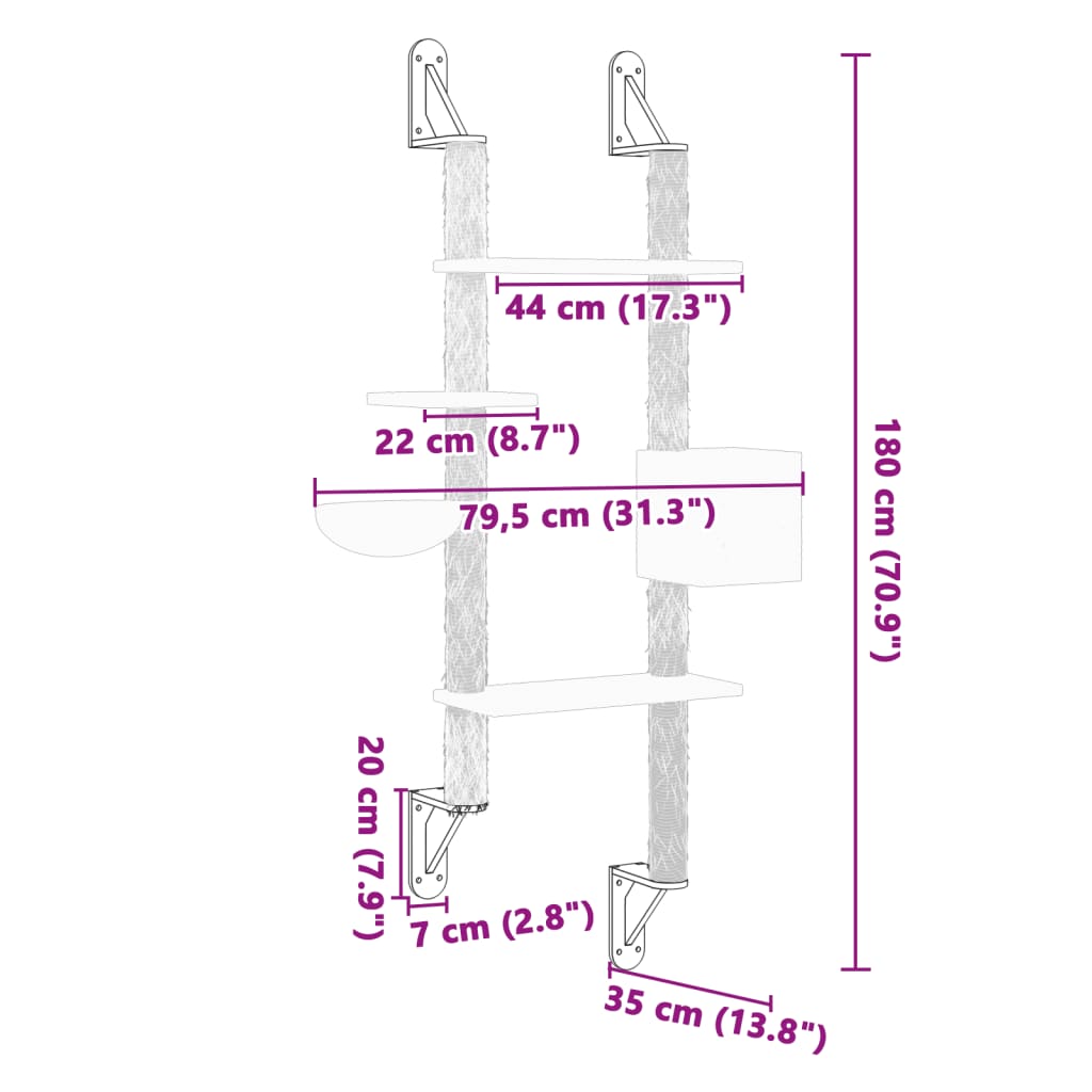 Kattenmeubel Wandgemonteerd Met Krabpaal 180 Cm Kleurig